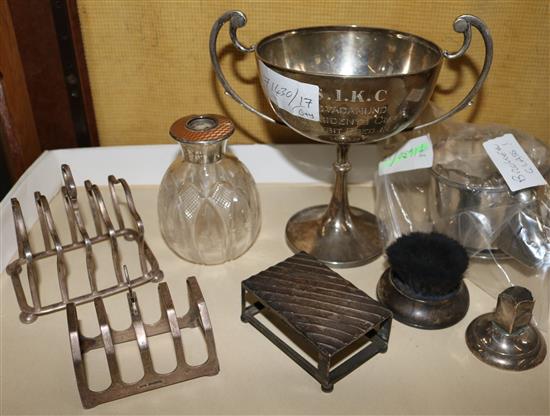 2 silver toast racks, claret jug mount and 6 other items